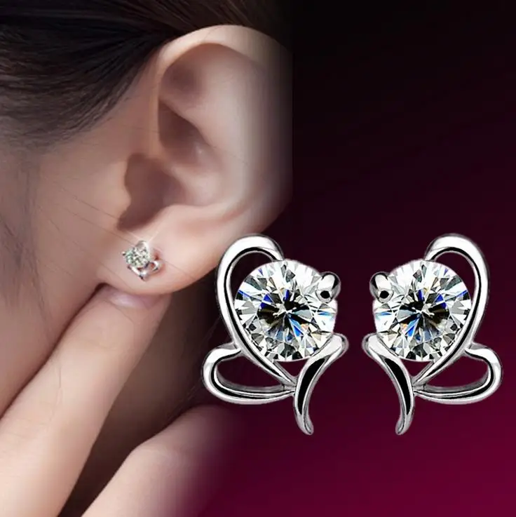 2021 Fashion Women Stud Earring Europe Style Bow Ladies Luxury Crystal 925 Silver Ear Jewelry Heart Shaped Wholesale CY043 | Украшения и