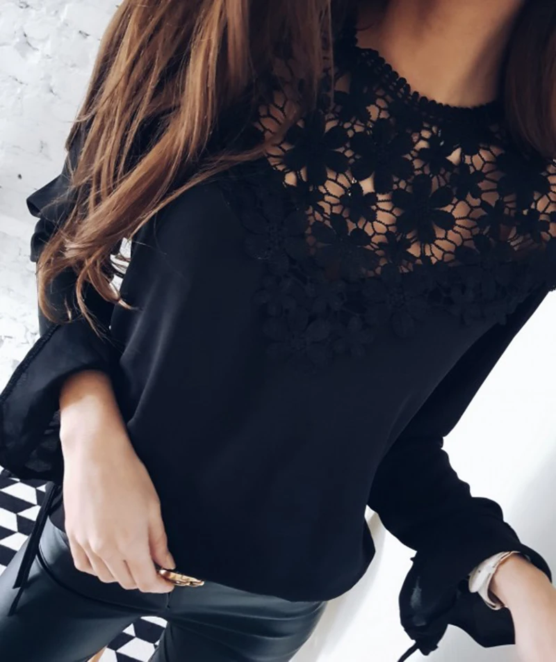2019 новые женские Сладкий выдалбливают цветок блузка повседневное кружевное