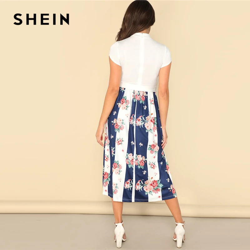 SHEIN Контрастное Цветочное Платье С Узлом И Стоячим Воротником Женское Летнее Многоцветное Повседневное Платье С Поясом