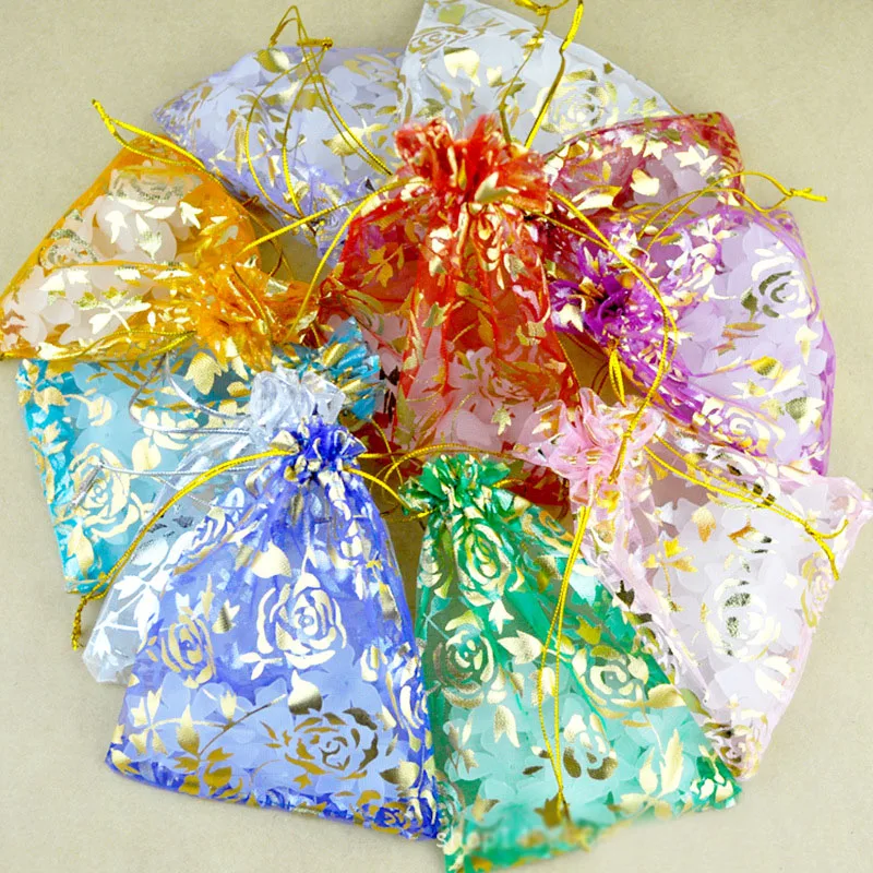 100 шт. 7x9 см 9x12 11x16 13x18 15x20 сумки из органзы золотые серебряные розы дизайн Свадебная