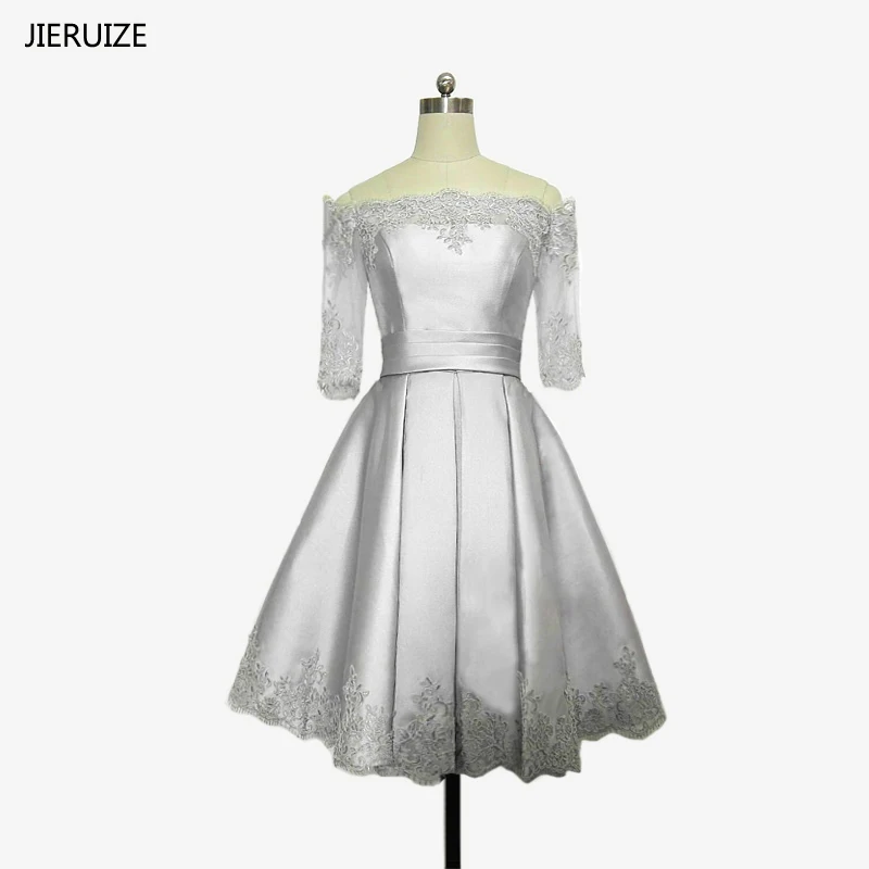 Короткие вечерние платья JIERUIZE с серебристыми кружевными аппликациями открытыми