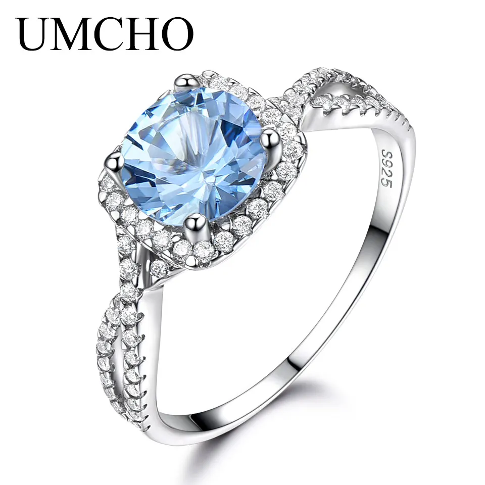 

UMCHO Solid 925 Sterling Silver Rings For Women Sky Blue Topaz Aquamarine Gemstone Wedding Band Birthstone Party Gift Jewelry