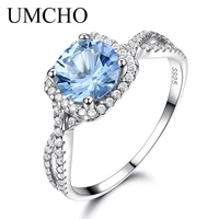 umcho solid 925 sterling silver rings for women sky blue topaz aquamarine gemstone wedding band birthstone party gift jewelry