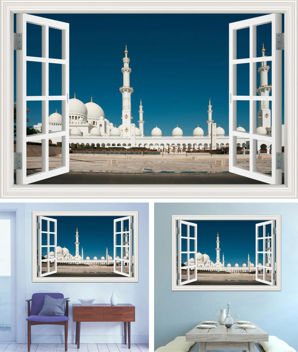 3d обои настенные наклейки с росписью Masjid Ислам Мусульманские настенные наклейки строительство вид окна домашний Декор виниловые наклейки для стен