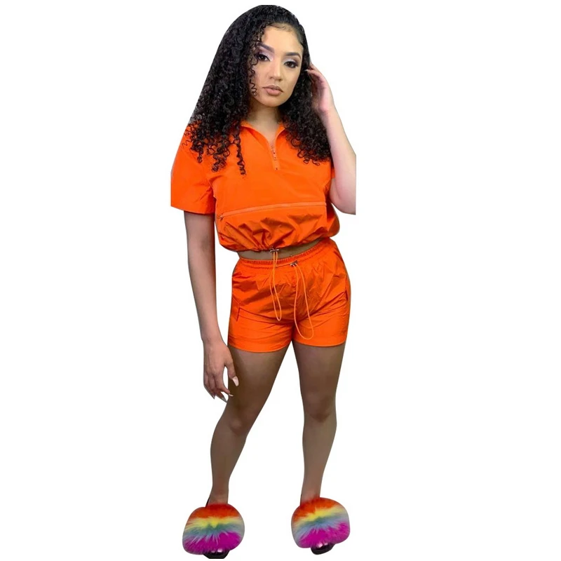 Женский Повседневный костюм на молнии свободный короткий топ с рюшами и шортами