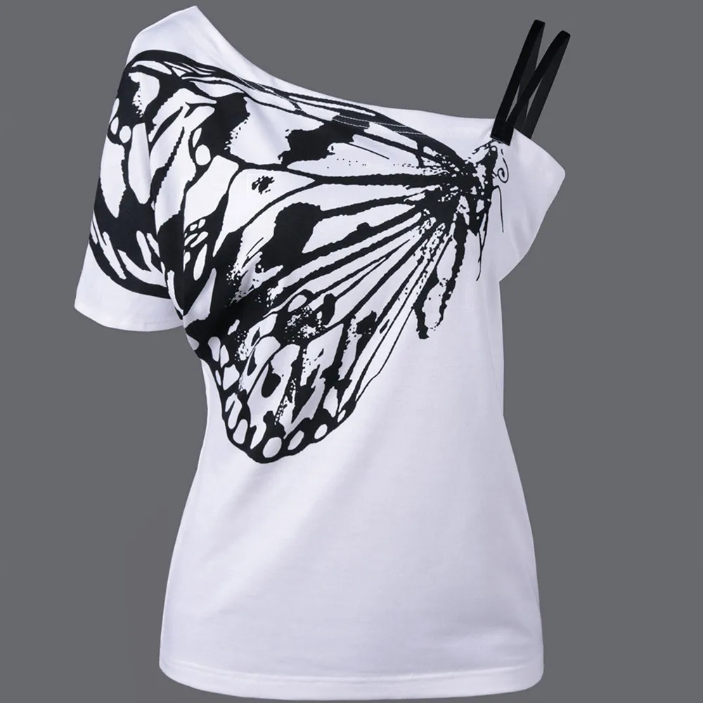 RENBANG New Summer Sexy Ladies Oblique Shoulder T Shirt Butterfly Printed Strap Short Sleeve Tops Women Tees Plus Size 5XL | Женская