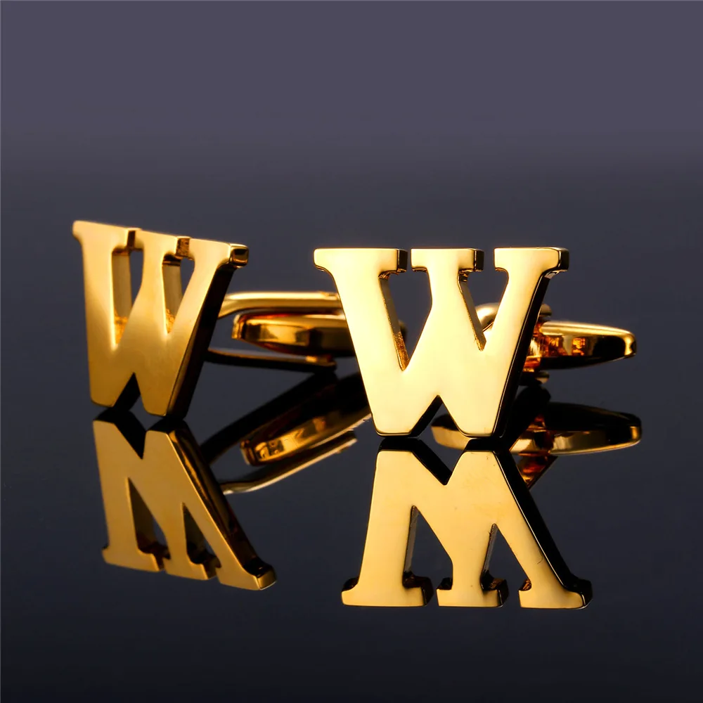 Роскошные запонки для мужчин золото/Цвет алфавит W бизнес рубашки французский
