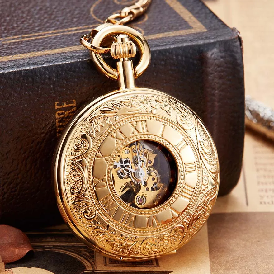 

Luxury Golden Color Mechanical Pocket Watch with Chain Hand Winding Fob Watch No Battery Men Sliver Roman Numbers Engraved Clock