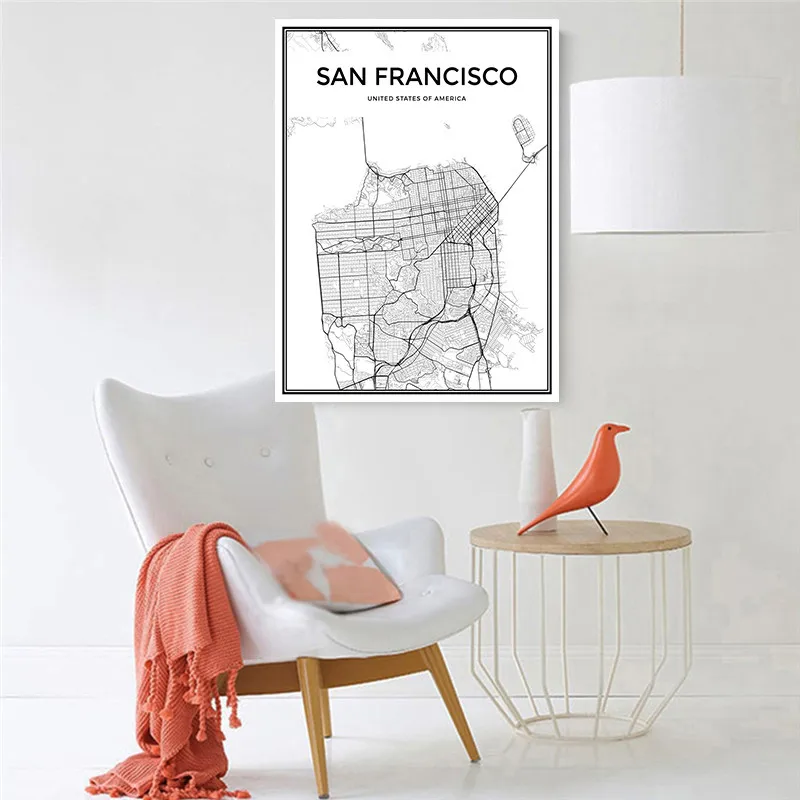 Map Famous City Nordic Canvas Painting Home Decor Wall Art Landon Paris Milan Black Living Room Office Hotel Poster Backdrop DIY | Дом и сад