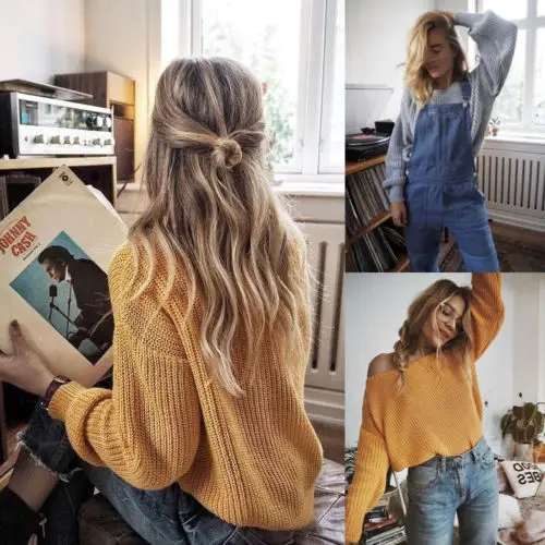 Women Hot Sweater 2019 Long Sleeve Over sized Loose Knitted Jumper Pullovers Outwear Coat Off Shoulder | Женская одежда