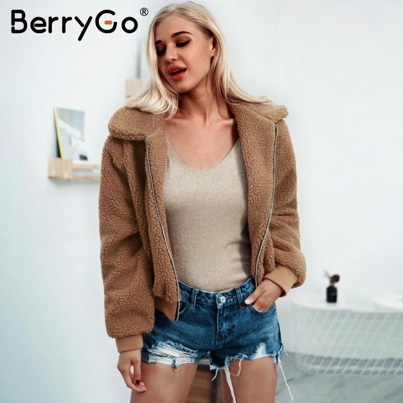 BerryGo Винтаж из искусственного меха Тедди куртка Для женщин толстые теплые