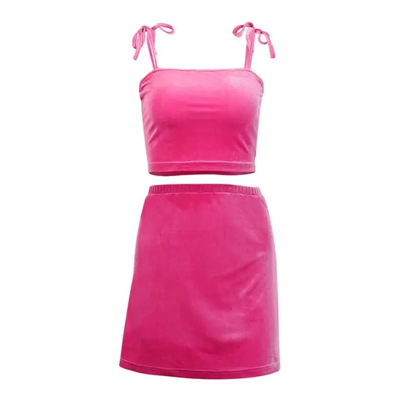 rose red InstaHot Женский комплект 2 шт. из бархатного укороченного топа и юбки Укороченный топ труба на бретельках Мини юбка с вырезом Модные сексуальные женские наборы лета - Цвет: rose red