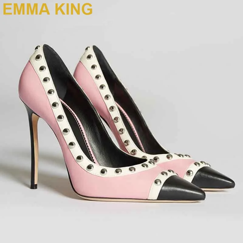 

Rivets Studded Women Stiletto Pumps Pink Black White Patchwork High Heels Shoes Pointy Toe Ladies Sexy Thin Heels Party Shoes