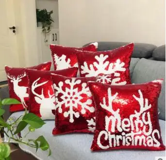 

Christmas red embroidered sequins cushion cover snowflake/deer square lumbar pillowcase decorative glitters throw pillow cover