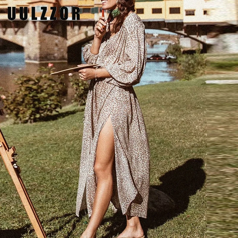 UULZZOR Summer women dress 2019 Leopard print long seleeves O-neck dresses Bohemian beach female casual High cut | Женская одежда