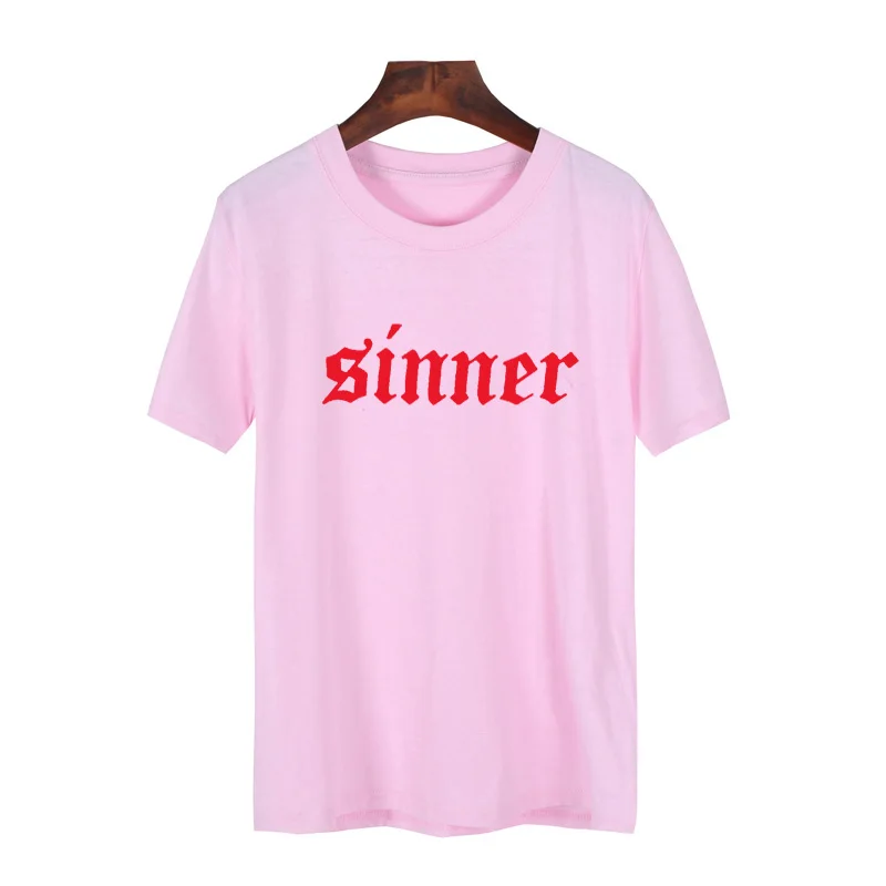 Футболка Sinner женская с буквенным принтом хлопковая рубашка круглым вырезом в