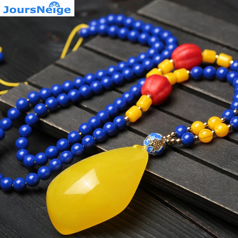 

JoursNeige ожерелье из натурального голубого рудного камня желтая подвеска в виде халцедона с каплями воды для женщин цепочка для свитера ювелирное ожерелье