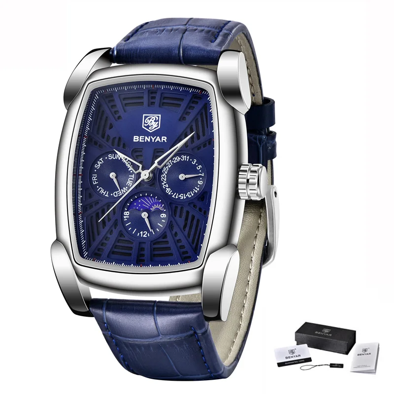 Leather Silver Blue Benyar квадратные мужские часы лучший бренд класса люкс Бизнес водонепроницаемые кварцевые кожаные спортивные наручные часы Мужские часы Relogio Masculino - Цвет: Leather Silver Blue