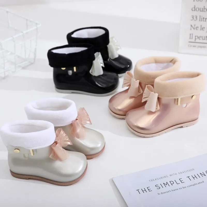 Mini Melissa/зимние резиновые сапоги с бантом; оригинальные 1:1 сапоги для девочек; Новинка года; прозрачные сандалии для девочек; детские непромокаемые ботинки для малыша из водонепроницаемого материала
