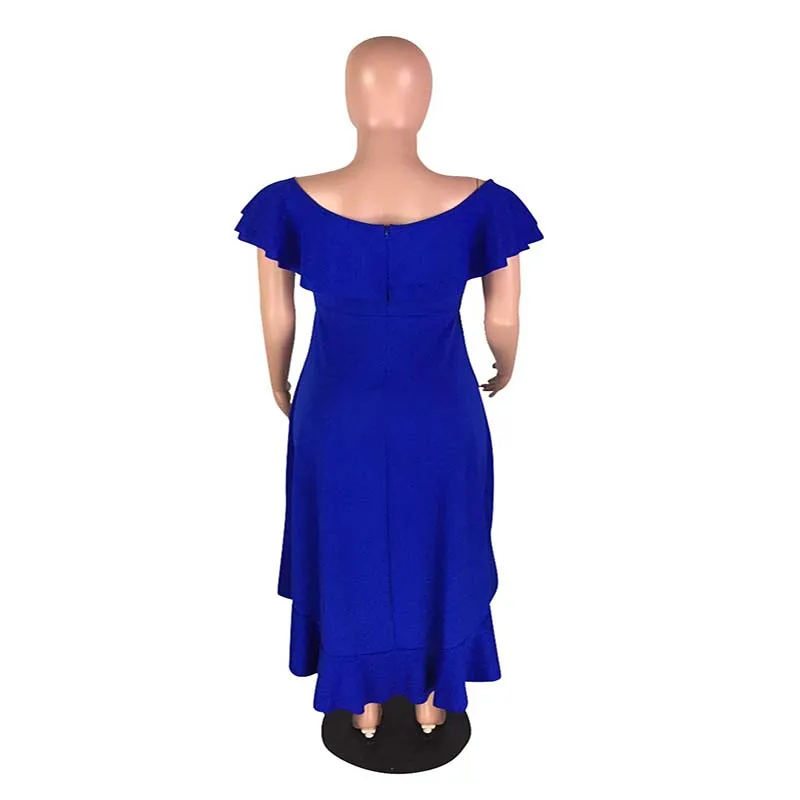 

Africa Clothing Sexy Solid Blue Ruffled Big Swing Dress Women Elegant Front Short Back Long Lrregular Party Club