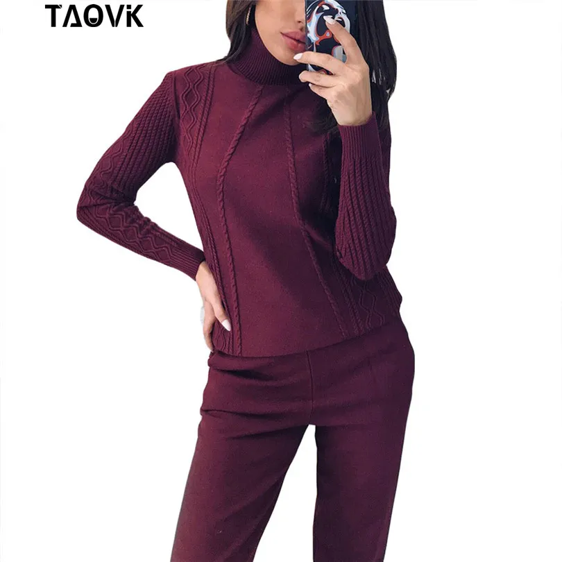 TAOVK, мягкие трикотажные костюмы, теплый свитер, женский костюм, твист, Вязанный свитер с высоким воротом, топ и штаны, свободный стильный спортивный костюм, ropa - Цвет: Purplish Red