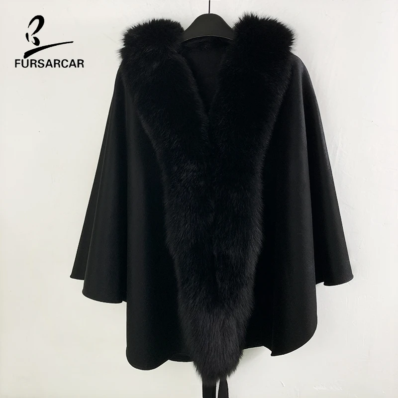Женская шаль из натурального меха FURSARCAR черная шерстяная с поясом большой