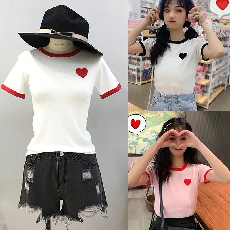 Women's Summer Color Block Heart Embroidery O Neck Knitted Short Sleeve Knitwear Pullover Women T shirt | Женская одежда