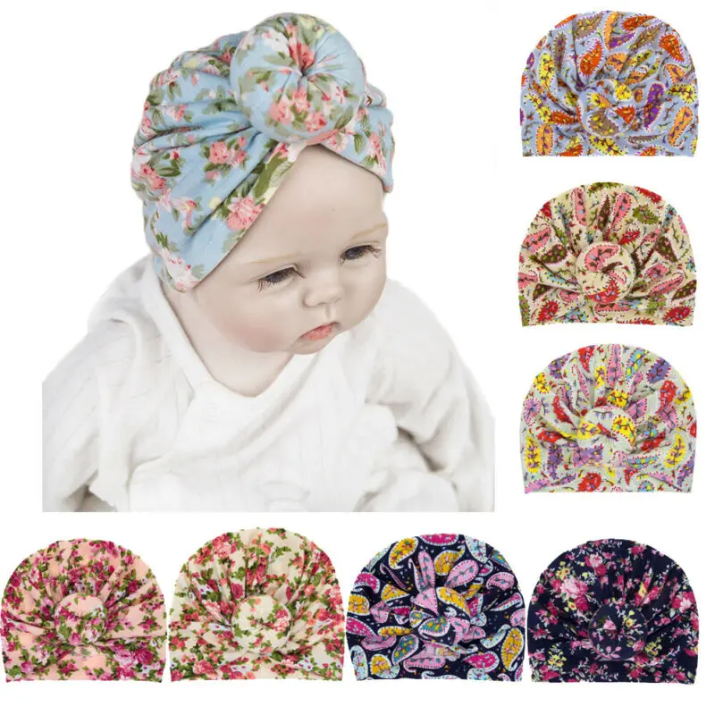 Шапка-бини для новорожденных с цветочным принтом на зиму | Детская одежда и обувь