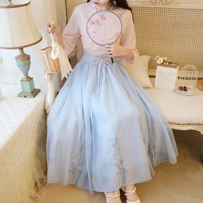 Розовый Летнее женское винтажное платье Hanfu с цветочной вышивкой, китайский традиционный ханьфу, карнавальный костюм, народное древнее платье, Династия Тан - Цвет: Розовый