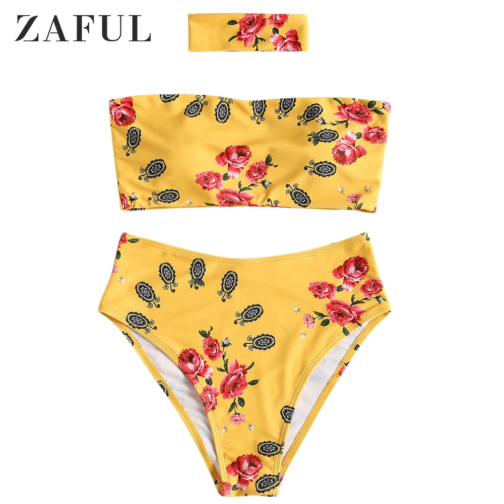 ZAFUL бандо чокер бикини набор купальник Цветочный Топ высокая талия стринги низ