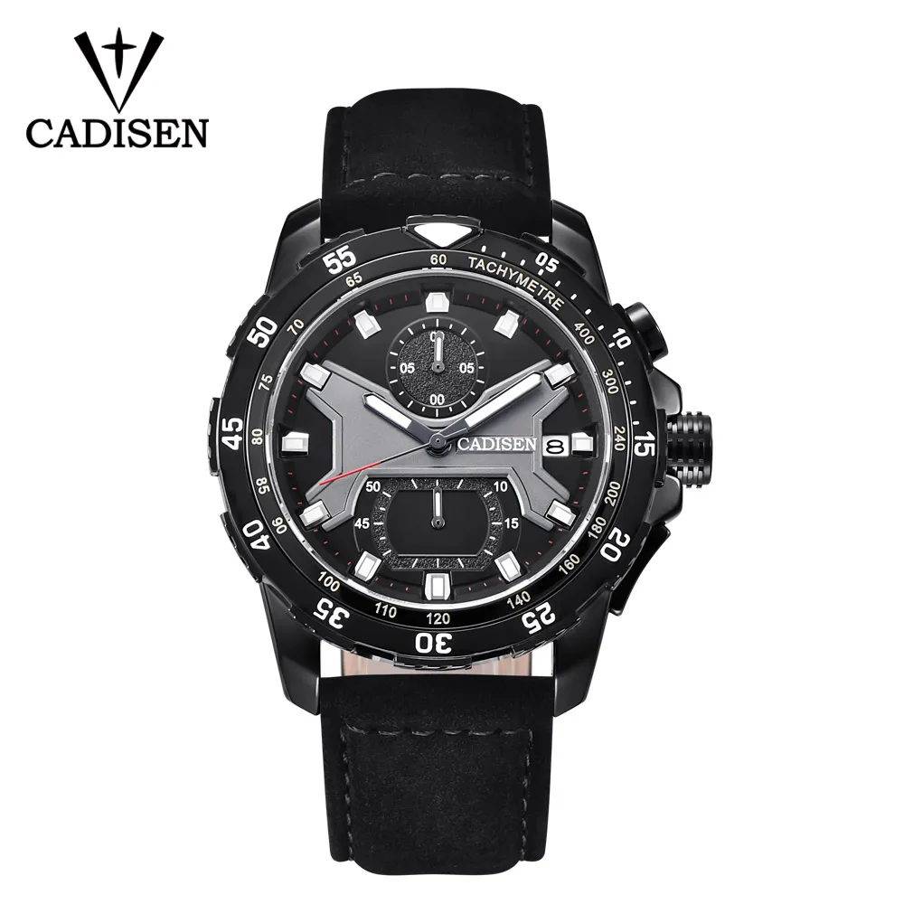 Black CADISEN мужские часы Новые Топ брендовые Роскошные водонепроницаемые кварцевые часы мужские кожаные спортивные наручные часы мужские водонепроницаемые часы с датой - Цвет: Black