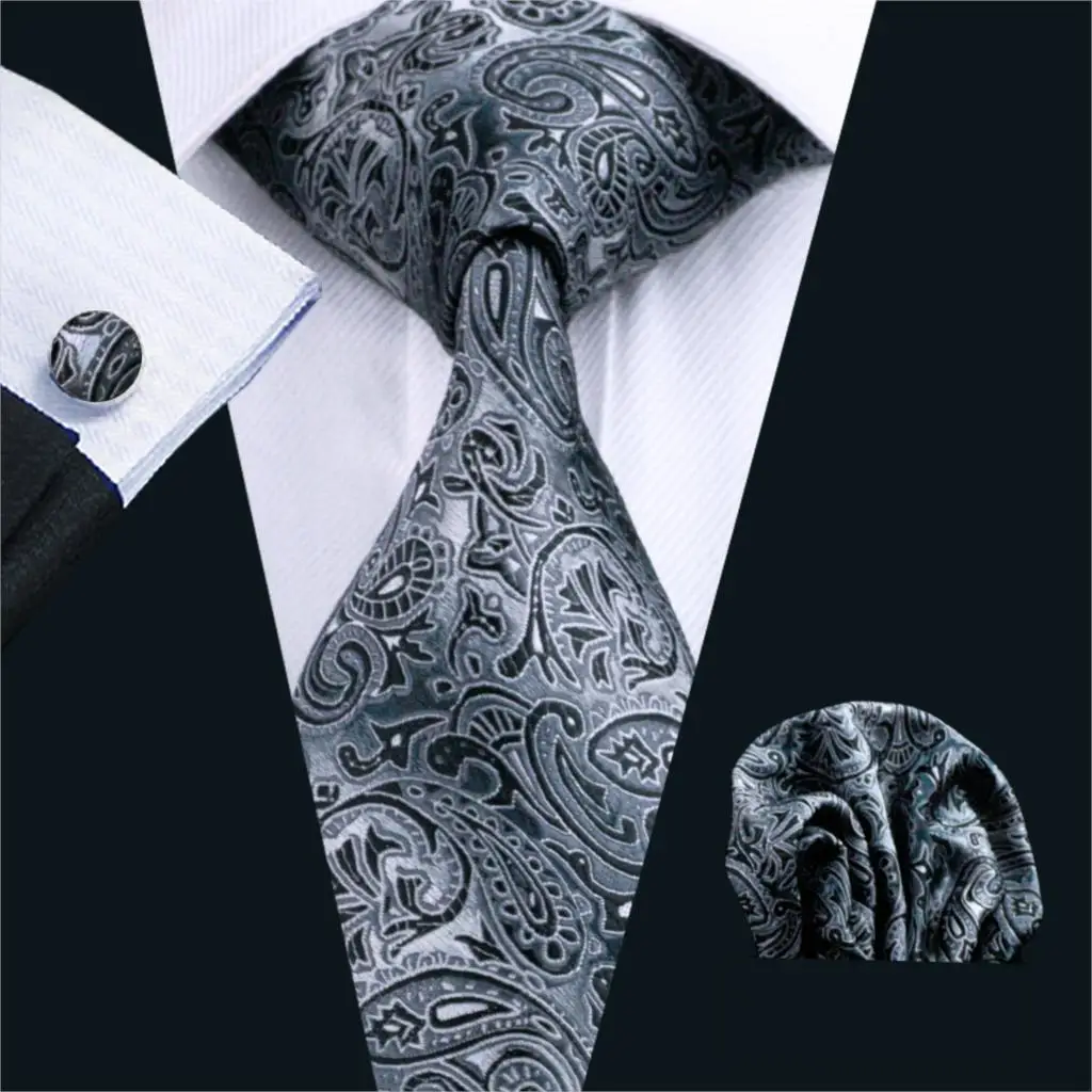 

FA-209 Men`s Tie Black Paisley Silk Jacquard Woven Classic Tie Hanky Cufflinks Set For Men Business Wedding Party Free Shipping