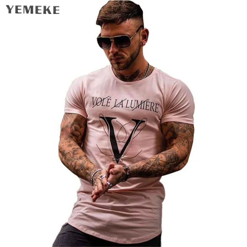 pink Yomeke, новинка, для тренажерных залов, для фитнеса, инженеров, дизайнерская мужская новинка, Мужская футболка, модная футболка, мужская повседневная футболка с коротким рукавом - Цвет: pink