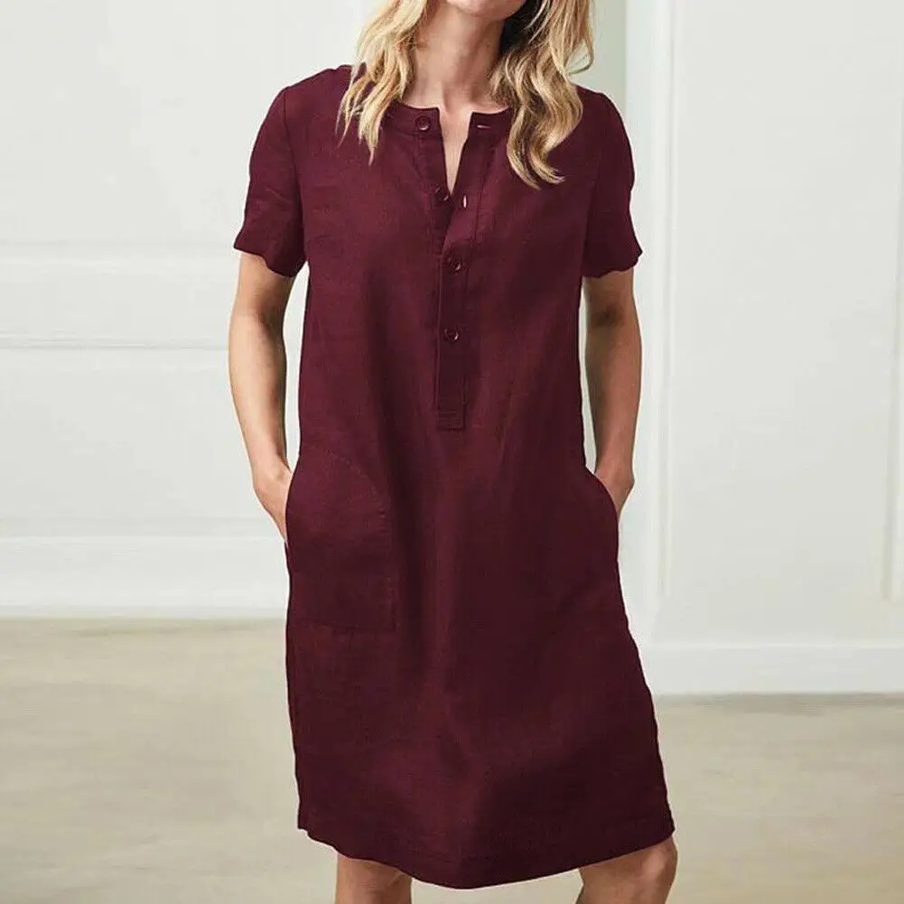 

New Women Summer Cotton Linen Casual Loose Dress Women Girls Clothes Short Sleeve Dress Plus Size