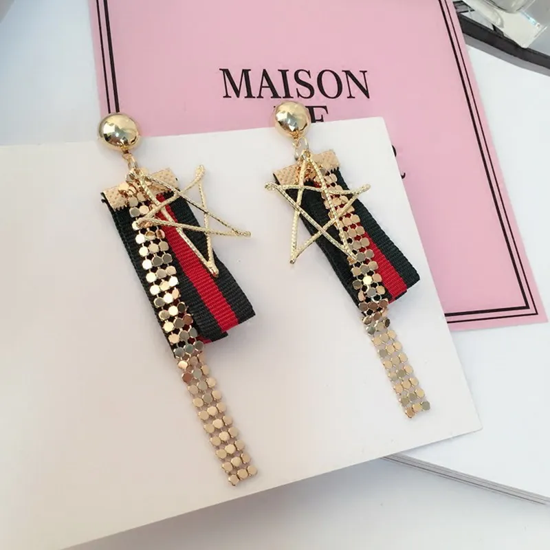 Korean Women Big Star Drop Earrings Stripe Ribbon Pentagram Long Chain Tassel For Girls Party Jewelry | Украшения и аксессуары