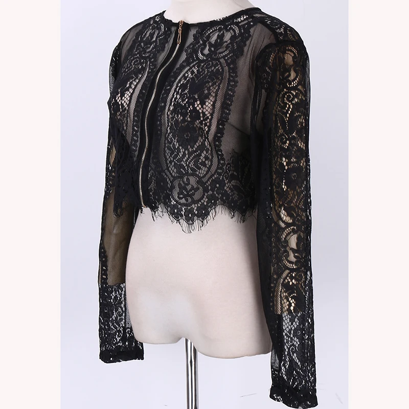 Женская Весенняя Осенняя Черная Кружевная блуза с длинным рукавом, укороченный топ, открытая Офисная Женская рубашка