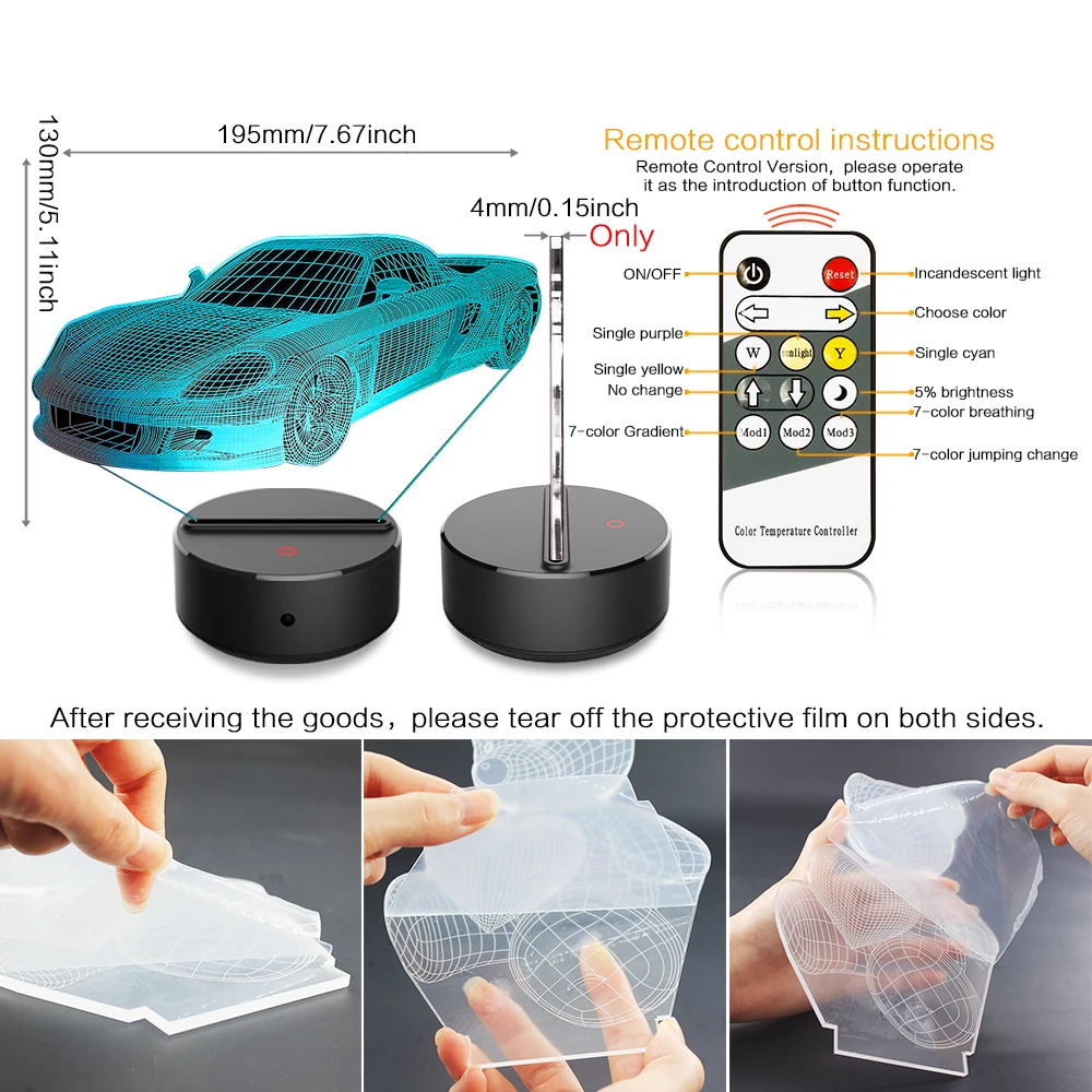 Новый спортивный автомобиль 3D светодиодный ночник 7 цветов USB голограмма