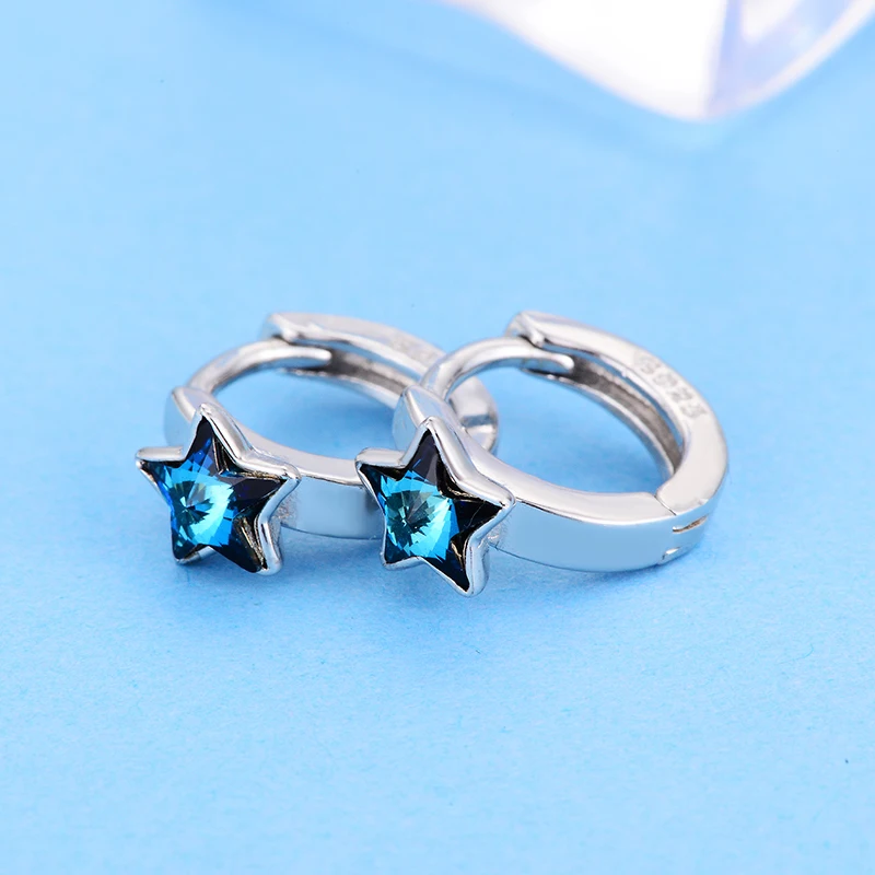 Shineland Blue Stars Round Circle Hoop Earrings 925 Sterling Silver Jewelry For Women Girls Statement Summer Hot Gifts | Украшения и