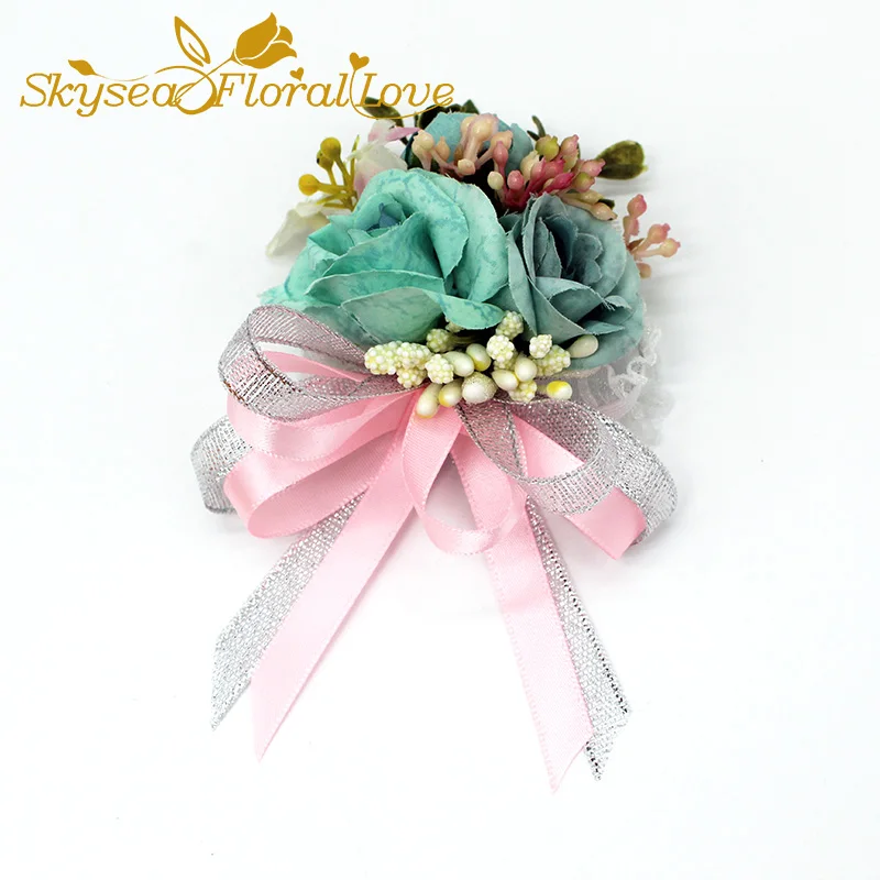 Wrist blue pink Новые Вечерние бутоньерки на выпускной жениха невесты с бантом дизайнерские Элегантные Свадебные цветы наручные корсаж-бутоньерка - Цвет: Wrist blue pink