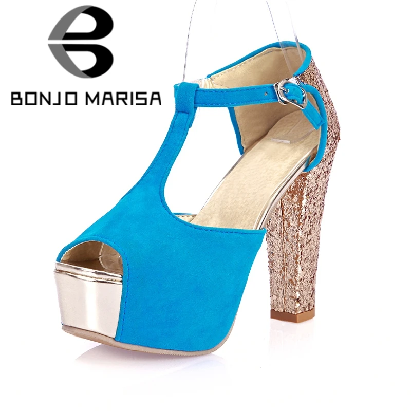 blue style 2 BONJOMARISA/Новые пикантные женские кружевные Босоножки на платформе Летние вечерние женские туфли на высоком каблуке; большие размеры 33-43 - Цвет: blue style 2