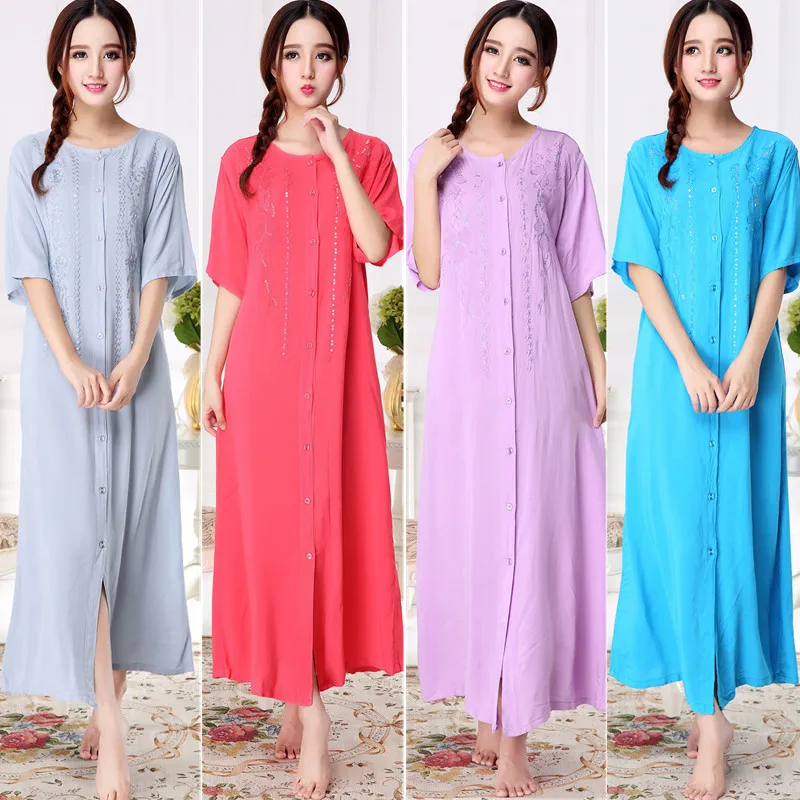 

Free shipping Plus size summer short-sleeve ultra 100% cotton long nightgown female buckle embroidery sleepwear derlook L-2XL