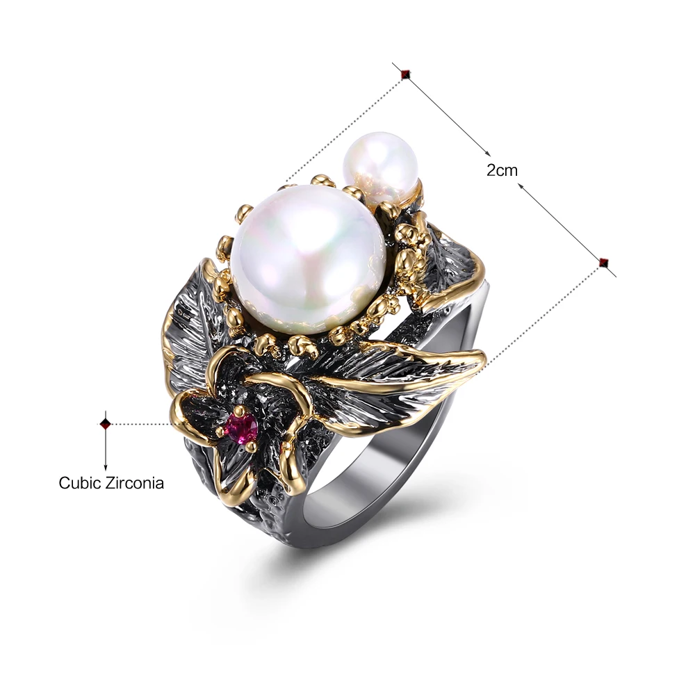 Женские кольца из меди и жемчуга черные с имитацией в тайском стиле модные