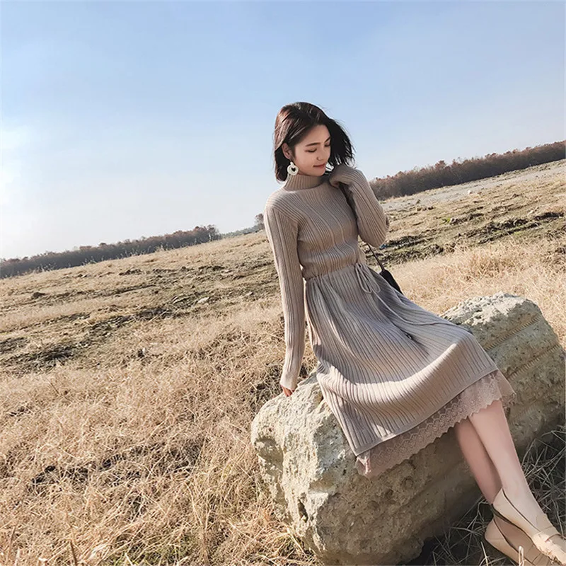 Весеннее новое длинное платье-свитер выше колена женское тонкое кружевное