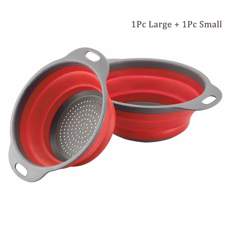 2pcs Red baskets Складной силиконовый дуршлаг для кухни, корзина для мытья фруктов и овощей, сетчатый фильтр, складная корзина, сушилка, кухонный инструмент - Цвет: 2pcs Red baskets