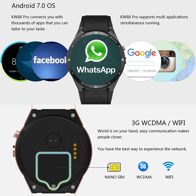 Смарт-часы KW88 Pro Bluetooth android 7 0 IOS AMOLED экран 1 Гб + 16 ГБ пульсометр шагомер 3G WIFI камера