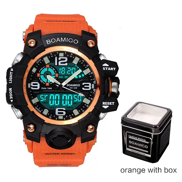orange with box BOAMIGO Брендовые мужские спортивные часы светодиодный цифровые часы Модные Аналоговые Кварцевые водонепроницаемые наручные часы красные часы Relogio Masculino - Цвет: orange with box