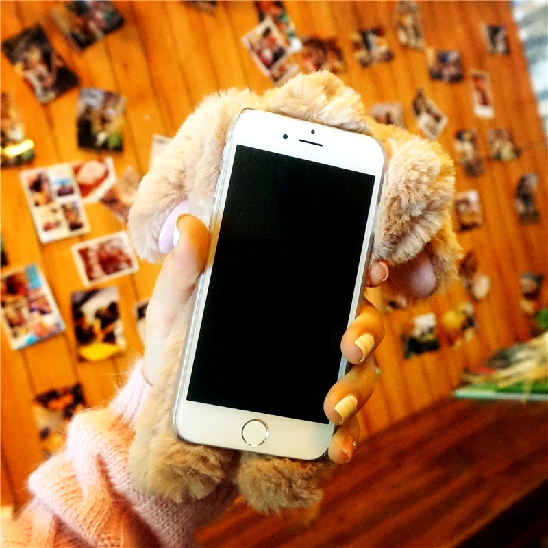Чехол из меха кролика для iPhone 11 Pro X XR XS Max 8 7 6 6S Plus, милый мультяшный чехол для телефона iPhone 5 5S 5C 4 4S