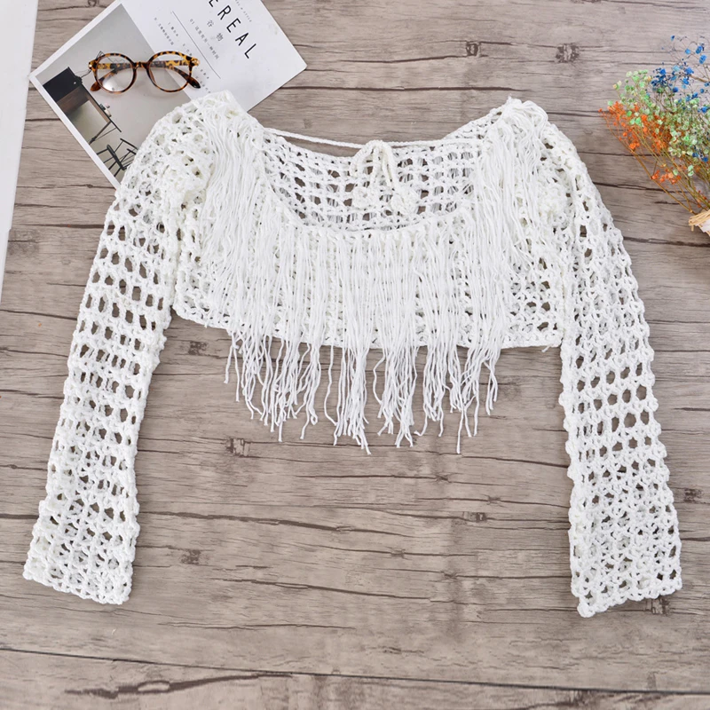 Вязаная крючком блузка рубашка Женская летние пляжные укороченные топы