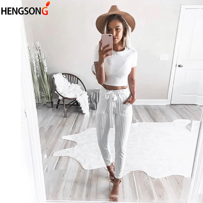 Новинка 2018 полосатые шифоновые шаровары OL с высокой талией Женские Летние