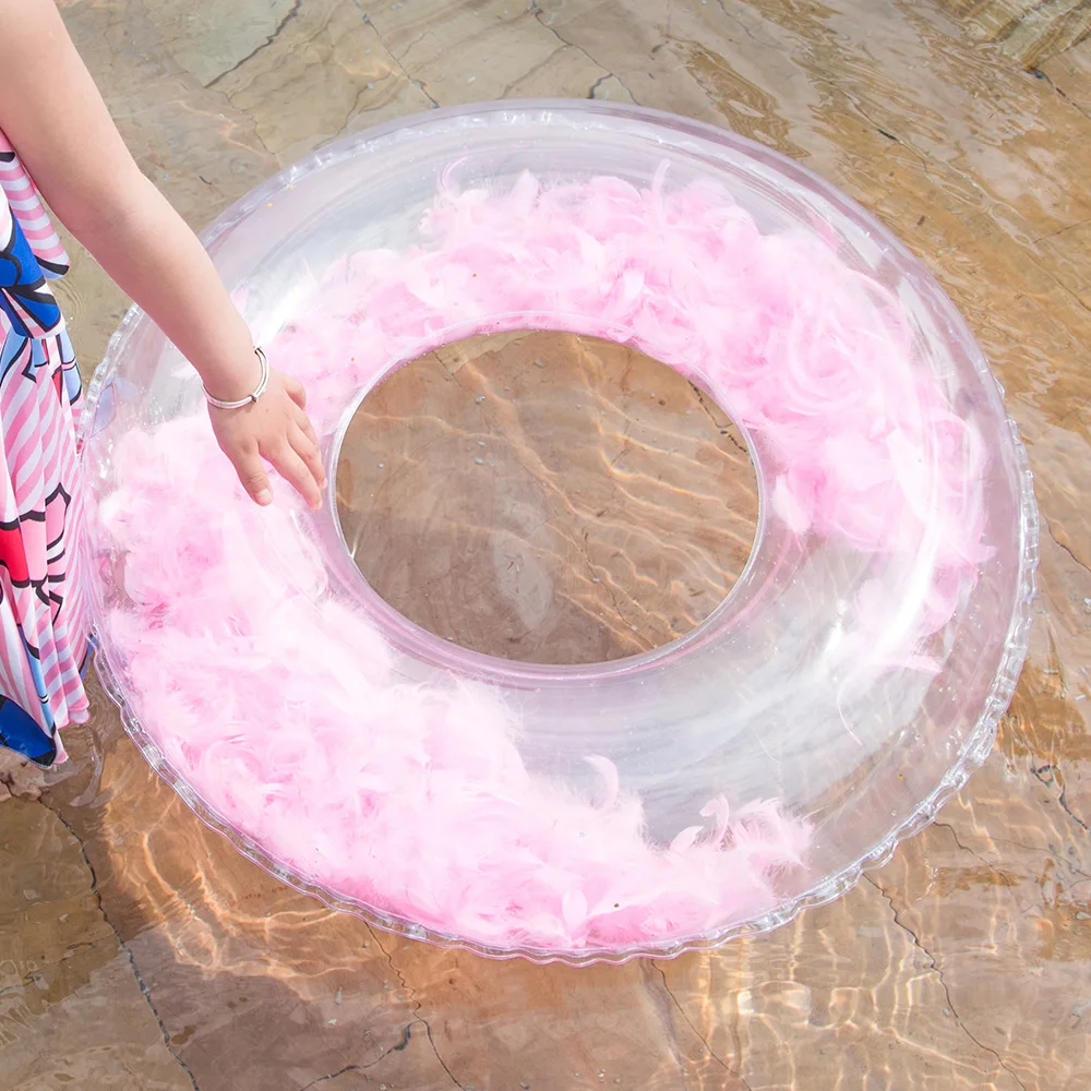 

6 Colors Crystal Clear Inflatable Swimming Ring Pool Float with Feathers Kids Swim Circle Summer New Water Fun Toys for Children